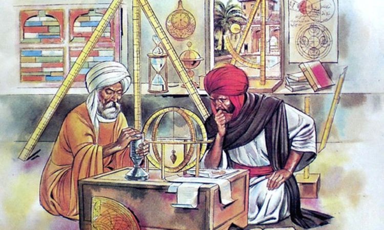 Scholars of the Islamic Golden Age studying an armillary sphere and astronomical instruments